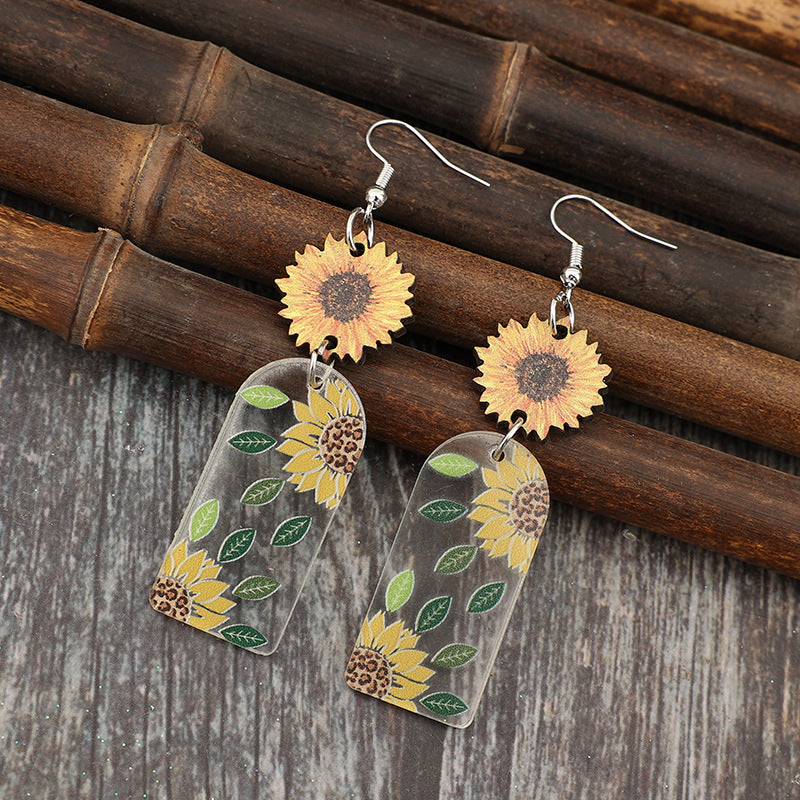 Wholesale Vintage style wooden sunflower acrylic earrings